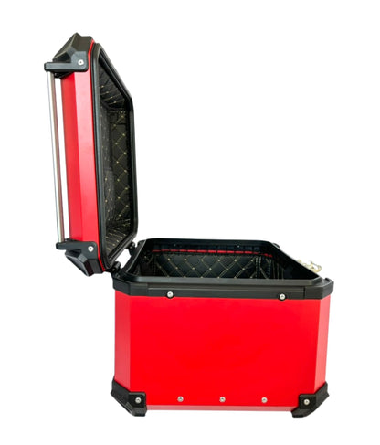 Baúl de Moto GGM 55L Rojo – Aluminio Reforzado, Impermeable, Antirrobos, Acolchado Interior de Lujo