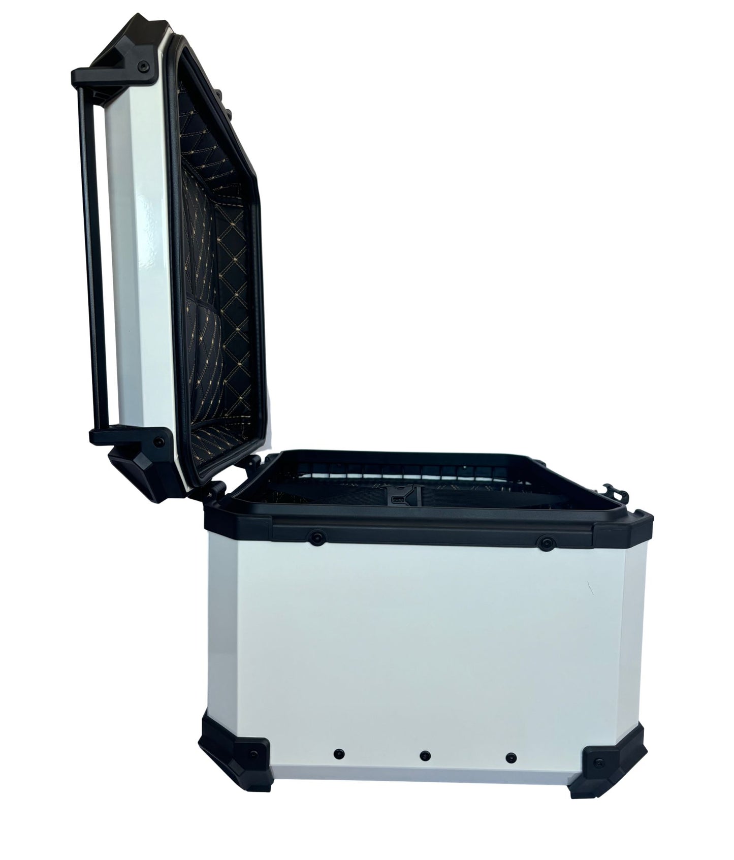 Baúl de Moto GGM 55L Blanco – Aluminio Reforzado, Impermeable, Antirrobos, Acolchado Interior de Lujo