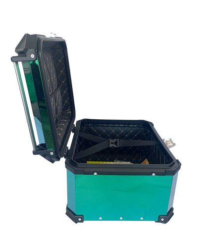 Baúl de Moto GGM 55L Verde – Aluminio Reforzado, Impermeable, Antirrobos, Acolchado Interior de Lujo